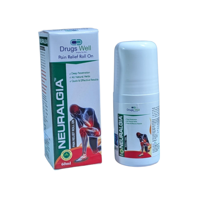 Neuralgia Roll-On Neuralgia Roll On By DrugsWell. Ayurvedic Pain Relief Roll On. Packaging to the left and Roll On bottle to the right.