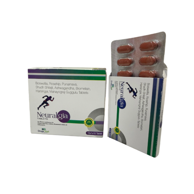 Neuralgia Tablets by DrugsWell. Ayurvedic Tablet for Nerve Pain Relief. On left, there is packaging and on right is tablet strip with it's own packaging.