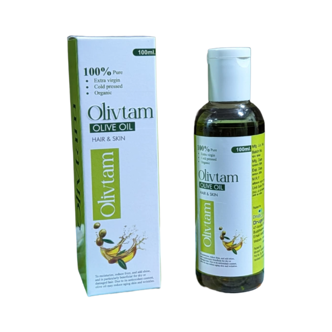 Olivtam Olive Oil Olivtam Olive Oil by DrugsWell. Cold Pressed Extra Virgin Olive Oil. Left side has packaging and right has the Oil bottle. For Neuro-protection.